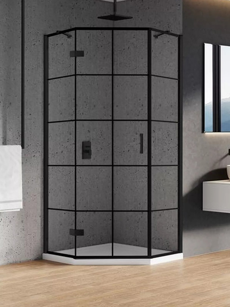 New Trendy New Azura Black Kabina Prysznicowa Narożna Pięciokątna Drzwi Uchylne Pojedyncze Lewe Kratka 90x90 cm (K-0677)